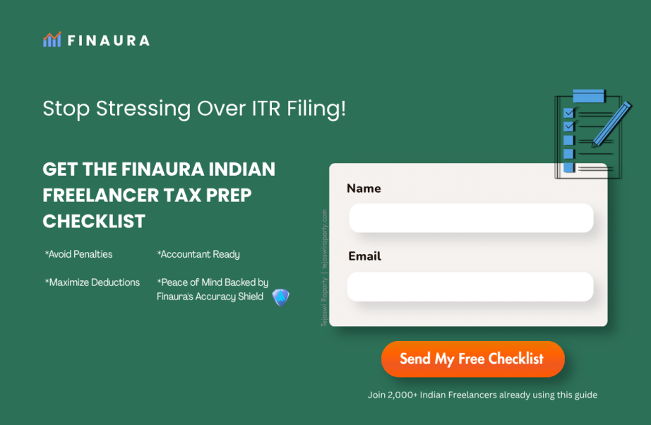 Finaura landing page mockup offering a free Indian freelancer tax preparation checklist with name and email signup fields