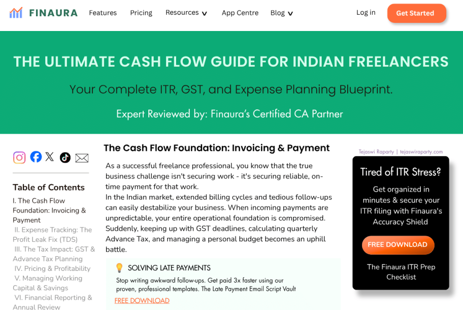 Finaura website pillar page interface titled The Ultimate Cash Flow Guide for Indian Freelancers